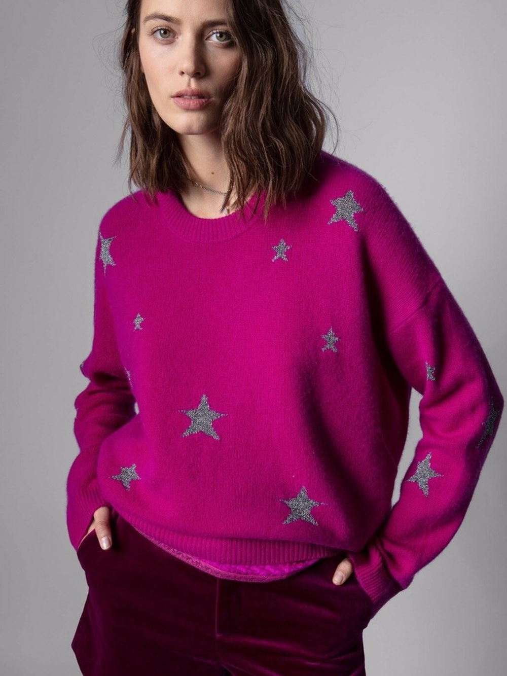 Zadig and Voltaire pink fuschia cashmere Markus sweater silver stars size small